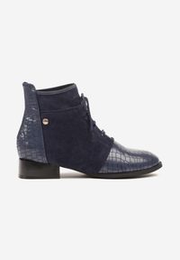 Born2be - Granatowe Sznurowane Botki Vices do Kostki z Wężowym Tłoczeniem Wodvira. Zapięcie: sznurówki. Kolor: niebieski. Materiał: jeans. Obcas: na obcasie. Styl: elegancki. Wysokość obcasa: niski #5
