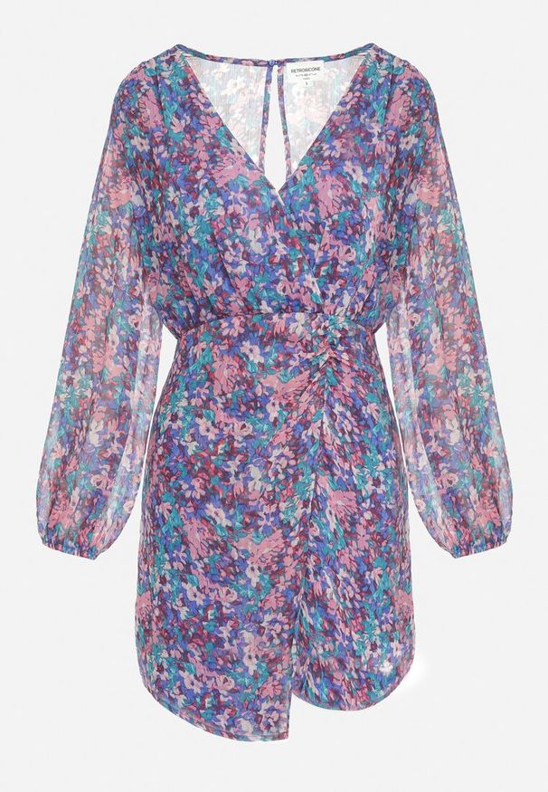 Born2be - Niebiesko-Fioletowa Kopertowa Sukienka Mini w Kwiatki Oheldia. Kolor: niebieski. Wzór: kwiaty. Sezon: wiosna, lato. Typ sukienki: kopertowe. Długość: mini