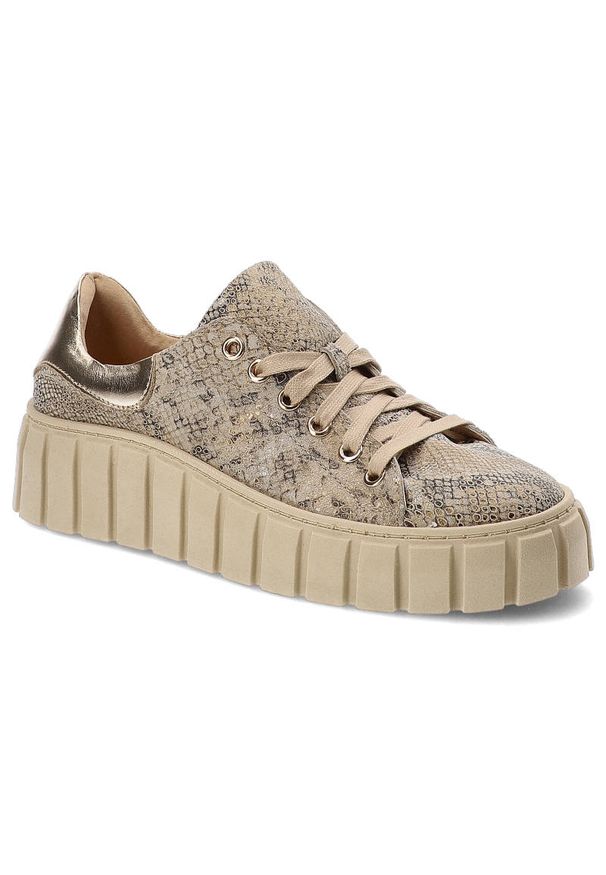 DAMISS - Złote Sneakersy Damskie Damiss Modne Obuwie. Kolor: złoty. Materiał: zamsz, skóra. Szerokość cholewki: normalna. Wzór: jednolity, motyw zwierzęcy, nadruk