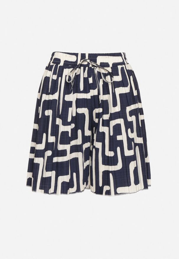 Born2be - Granatowe Wiskozowe Szorty z Wysokim Stanem z Geometrycznym Wzorem Linala. Okazja: na spacer, na spotkanie biznesowe, na co dzień. Stan: podwyższony. Kolor: niebieski. Materiał: wiskoza. Wzór: geometria. Styl: elegancki, casual, biznesowy