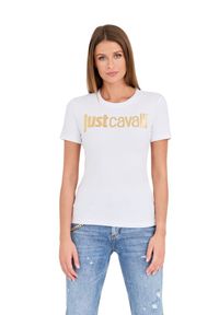 Just Cavalli - JUST CAVALLI Biały damski t-shirt Logo Gold, Rozmiar L. Kolor: biały