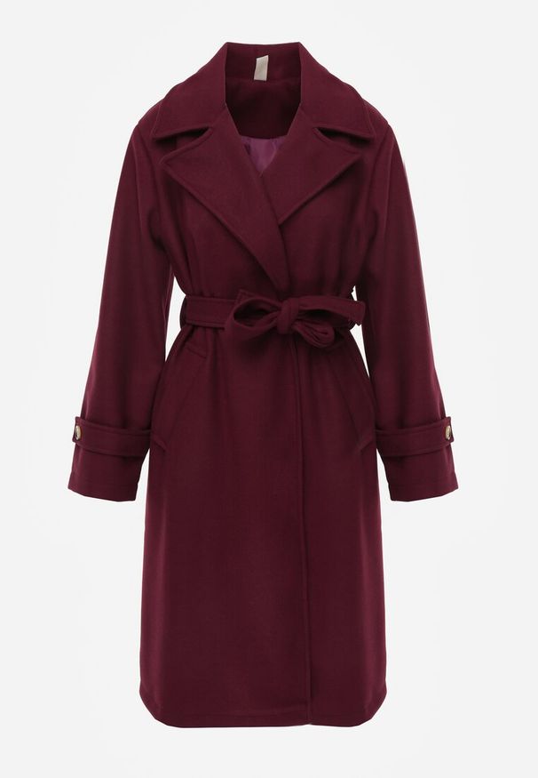 Renee - Ciemnofioletowy Długi Płaszcz Wiązany w Talii Materiałowym Paskiem z Ozodobnymi Guzikami na Rękawach Thakore. Kolor: fioletowy. Materiał: materiał. Długość: długie. Styl: elegancki
