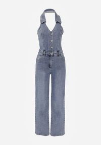 Renee - Niebieski Bawełniany Kombinezon Jeansowy z Dekoltem Halter i Kołnierzykiem Edaviann. Kolor: niebieski. Materiał: bawełna, jeans. Wzór: haft #6