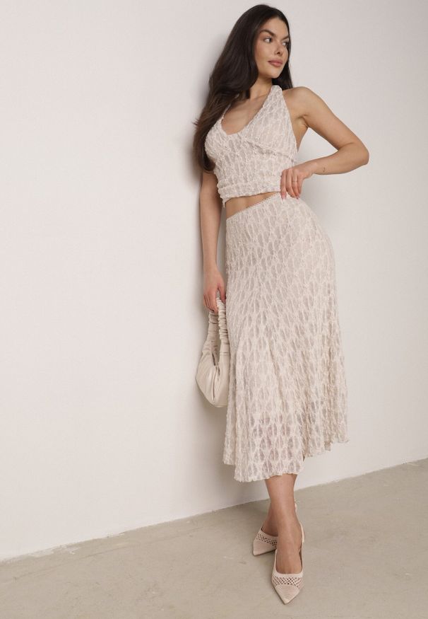 Born2be - Beżowy Koronkowy Komplet Top Wiązany na Szyi i Spódnica Corinatea. Kolor: beżowy. Materiał: koronka
