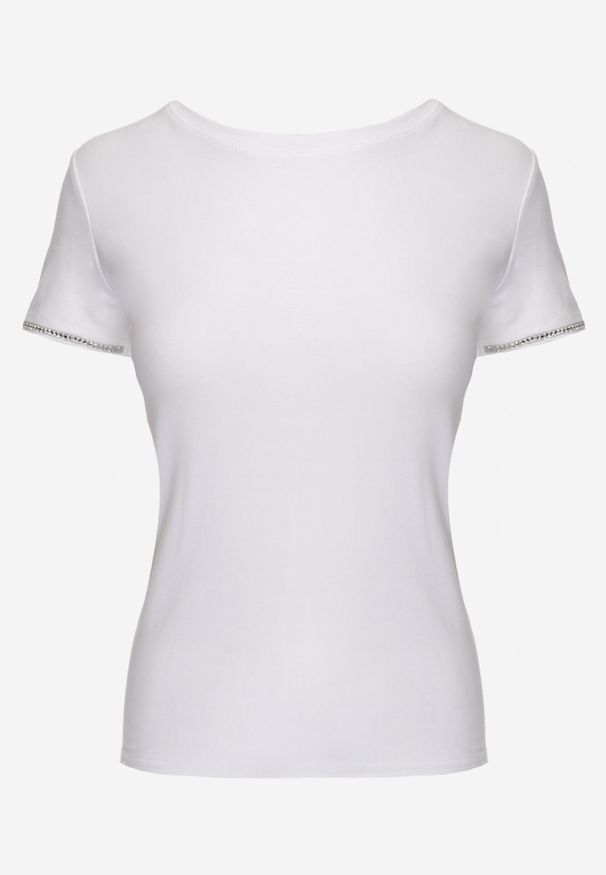 Born2be - Biały Bawełniany T-shirt z Cyrkoniami przy Rękawach Pronolea. Okazja: na co dzień. Kolor: biały. Materiał: bawełna. Wzór: aplikacja. Styl: casual, klasyczny