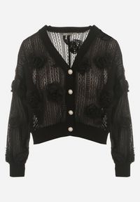 Born2be - Czarny Ażurowy Kardigan z Kwiatami Helallia. Kolor: czarny. Wzór: kwiaty, ażurowy. Sezon: jesień, wiosna, zima #5