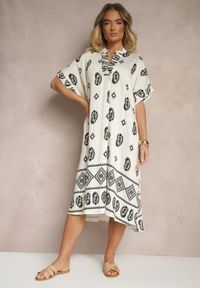 Renee - Czarno-Kremowa Sukienka z Wiskozy w Stylu Boho o Pudełkowym Kroju z Rozcięciami Virbia. Okazja: na co dzień. Typ kołnierza: dekolt w serek. Kolor: czarny. Materiał: wiskoza. Długość rękawa: krótki rękaw. Styl: boho #4