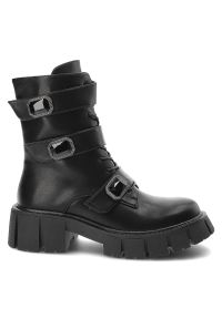 Czarne Botki S.Barski Modne Buty Damskie. Okazja: na co dzień. Zapięcie: klamry. Kolor: czarny. Materiał: skóra ekologiczna, materiał. Wzór: paski. Obcas: na obcasie. Styl: casual, elegancki. Wysokość obcasa: średni #2