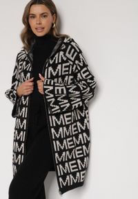 Born2be - Czarno-Biały Rozpinany Kardigan z Kapturem z Motywem Liter Belletusa. Okazja: na co dzień. Typ kołnierza: kaptur. Kolor: czarny. Materiał: jeans. Styl: casual #5