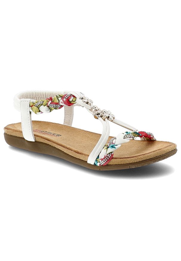 Sandały damskie Artiker, cholewka z materiału elastyczny pasek na pięcie plecione detale, białe, 58C0626. Okazja: na co dzień. Zapięcie: pasek. Kolor: biały. Materiał: materiał. Wzór: kolorowy, aplikacja. Sezon: lato. Styl: elegancki, casual