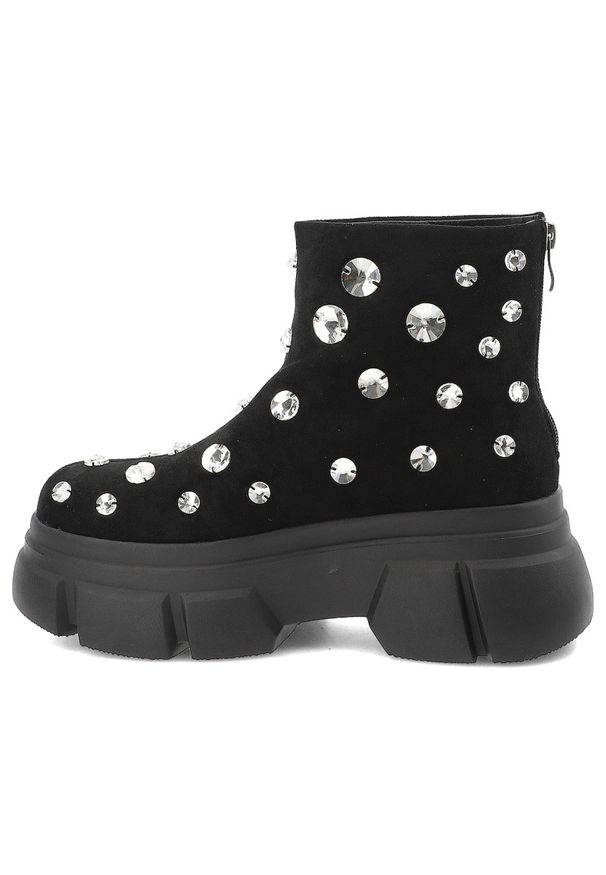 Czarne Botki S.Barski Modne Buty Damskie Na Platformie. Okazja: na co dzień. Kolor: czarny. Materiał: materiał. Wzór: aplikacja. Sezon: zima, jesień. Obcas: na platformie. Styl: glamour, elegancki, casual