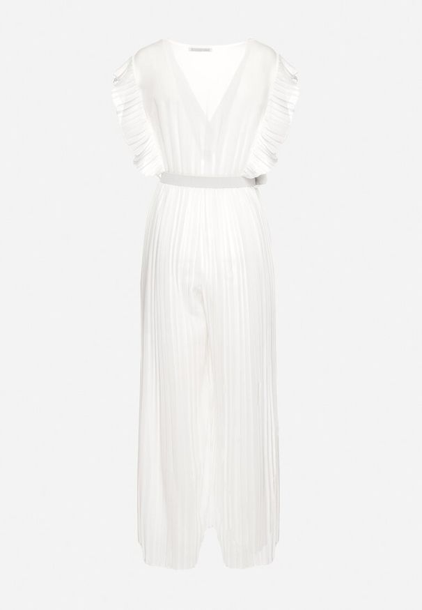 Born2be - Biały Plisowany Kombinezon z Szerokimi Nogawkami i Wiązanym Paskiem Audra. Okazja: na co dzień. Typ kołnierza: kołnierz z falbankami, dekolt kopertowy. Kolor: biały. Sezon: wiosna, lato. Typ sukienki: plisowane. Styl: casual, elegancki