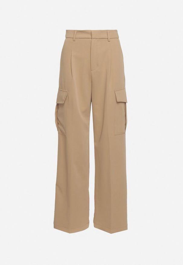 Born2be - Beżowe Eleganckie Spodnie z Szerokimi Kieszeniami Cargo i Wysoką Talią Akeldia. Stan: podwyższony. Kolor: beżowy. Styl: elegancki