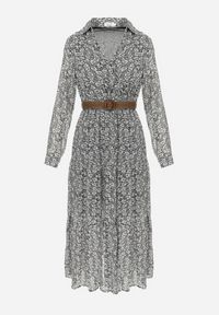 Born2be - Biało-Czarna Sukienka Rozkloszowana w Kwiaty z Paskiem Khito. Okazja: na co dzień. Typ kołnierza: dekolt w serek. Kolor: czarny. Długość rękawa: długi rękaw. Wzór: kwiaty. Styl: casual, elegancki, klasyczny #4