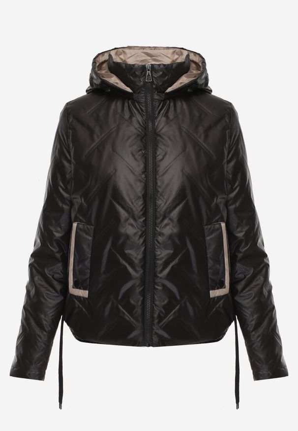 Renee - Czarna Kurtka z Pikowanymi Przeszyciami i Kapturem Ściągana po Bokach Nusillian. Okazja: na co dzień. Kolor: czarny. Materiał: jeans. Styl: elegancki, klasyczny, casual