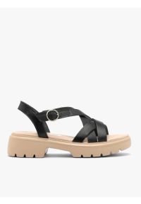Ryłko - Czarne sandały damskie z platformą. Okazja: na co dzień. Zapięcie: sprzączka. Kolor: czarny. Materiał: skóra. Sezon: lato. Obcas: na platformie. Styl: casual, street, elegancki #1