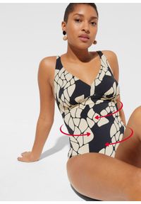 bonprix - Modelujący kostium kąpielowy średni stopień modelowania sylwetki, dekolt w serek. Kolor: czarny. Wzór: nadruk #1
