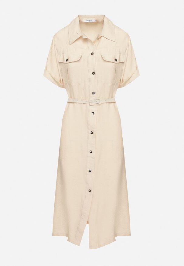 Born2be - Beżowa Wiskozowa Sukienka o Koszulowym Kroju z Paskiem Nelavyn. Okazja: na co dzień, do pracy. Kolor: beżowy. Materiał: wiskoza. Długość rękawa: krótki rękaw. Typ sukienki: koszulowe. Styl: casual, elegancki