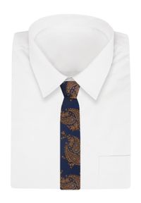 Męski Krawat Angelo di Monti - Granat z Dużym Złotym Paisley. Kolor: niebieski. Materiał: tkanina. Wzór: paisley. Styl: elegancki, wizytowy #2