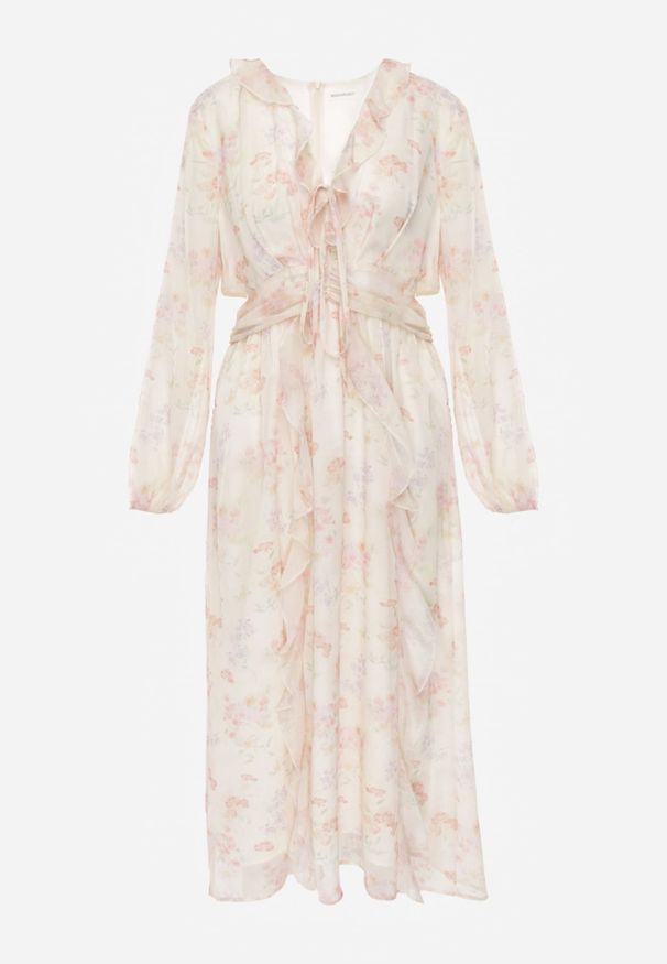 Renee - Żółta Eteryczna Sukienka Cut Out z Falbanami i Ozdobnym Wiązaniem Grynyla. Okazja: na randkę. Kolor: żółty. Materiał: poliester. Styl: boho, elegancki