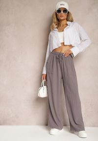 Renee - Szare Spodnie High Waist ze Sznurkiem w Talii i Prostą Nogawką Raveann. Okazja: na co dzień. Stan: podwyższony. Kolor: szary. Styl: casual