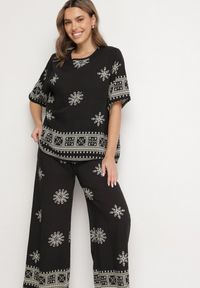 Born2be - Czarny Wiskozowy Komplet w Stylu Boho z Haftem T-shirt i Szerokie Spodnie Zevanya. Kolor: czarny. Materiał: wiskoza. Wzór: haft #4