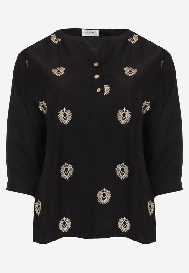 Born2be - Czarna Wiskozowa Koszula Boho z Haftem i Podpinanymi Rękawami 3/4 Cheridenah. Okazja: na co dzień. Kolekcja: plus size. Kolor: czarny. Materiał: wiskoza. Wzór: haft. Styl: boho