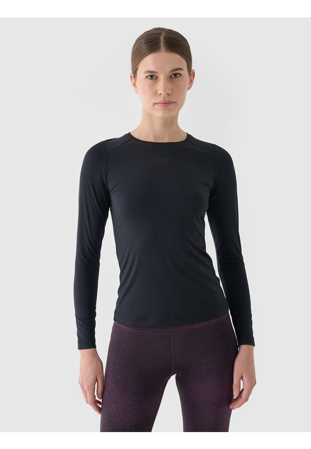 4f - 4F Longsleeve treningowy szybkoschnący damski - czarny XL. Kolor: czarny. Materiał: włókno, elastan, dzianina, materiał, poliester. Długość rękawa: długi rękaw. Długość: długie. Wzór: gładki, jednolity, ze splotem. Sport: fitness