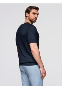 Ombre Clothing - Męska klasyczna dzianinowa koszulka ze ściągaczami– granatowa V1 - Rozmiar: L. Kolor: czarny. Materiał: dzianina. Wzór: gładki, ze splotem. Styl: klasyczny #8