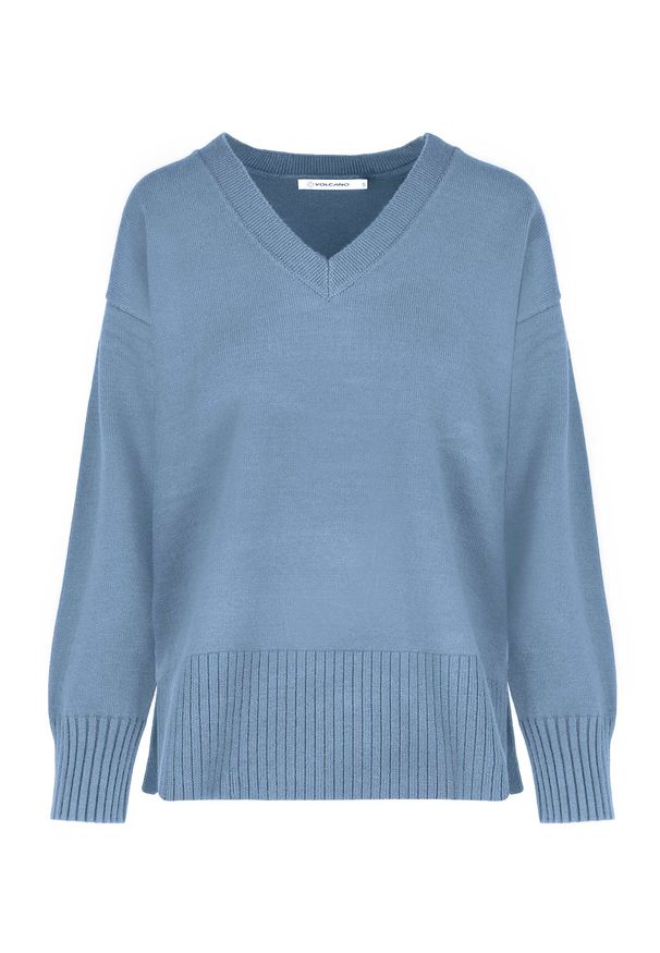 Volcano - Ciepły sweter z dekoltem w serek S-NOVA. Okazja: na co dzień. Typ kołnierza: dekolt w serek. Materiał: jeans, wiskoza, prążkowany, materiał. Długość: długie. Styl: klasyczny, casual, elegancki