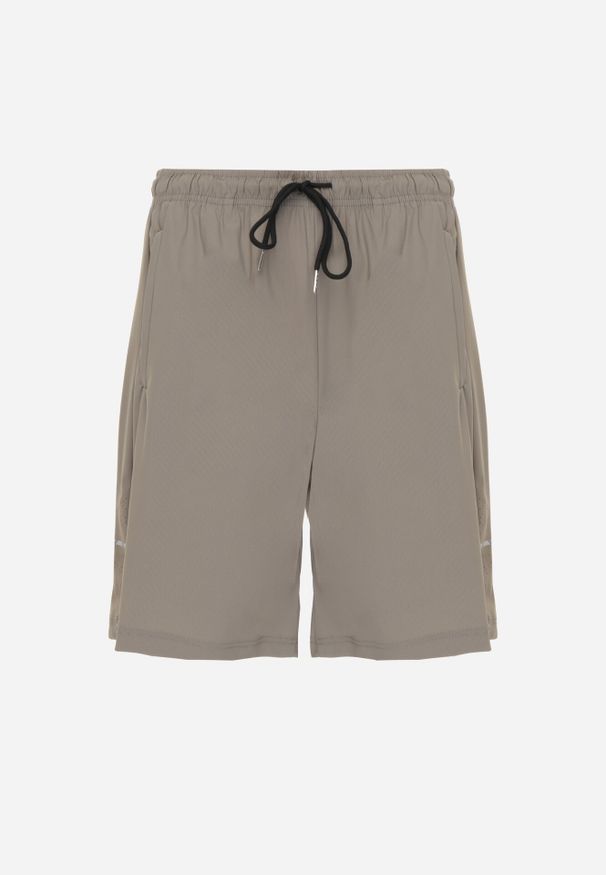 Born2be - Ciemnobeżowe Szorty w Sportowym Stylu ze Sznurkami i Zasuwanymi Kieszeniami Abateia. Okazja: na co dzień. Kolor: beżowy. Materiał: materiał. Wzór: napisy. Sezon: lato. Styl: sportowy