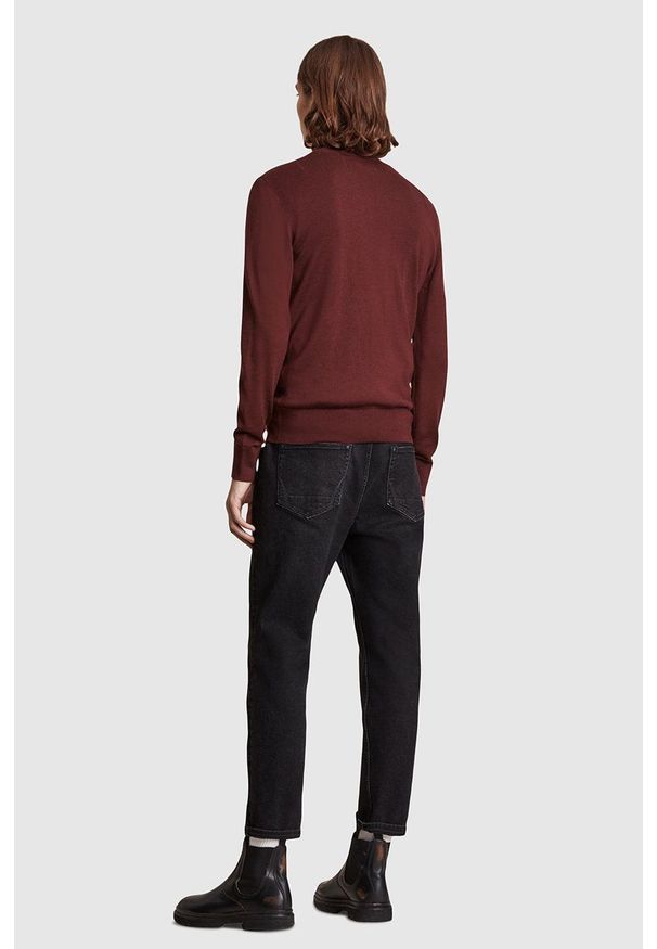 AllSaints Sweter wełniany męski kolor bordowy. Okazja: na co dzień. Kolor: czerwony. Materiał: wełna. Długość rękawa: długi rękaw. Długość: długie. Styl: casual
