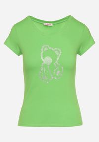 Born2be - Jasnozielony T-shirt Bawełniany Ozdobiony Cyrkoniami Heronia. Okazja: na co dzień. Kolor: zielony. Materiał: bawełna. Długość rękawa: krótki rękaw. Długość: krótkie. Wzór: aplikacja. Styl: casual, sportowy