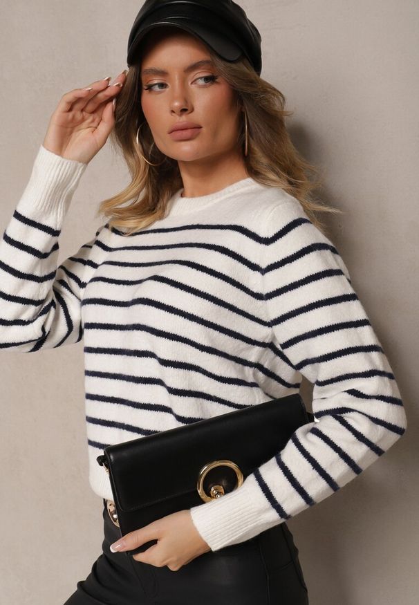Renee - Biały Casualowy Sweter w Paski o Prostym Kroju Riavelleth. Okazja: na co dzień. Kolor: biały. Materiał: jeans. Długość rękawa: długi rękaw. Długość: długie. Wzór: paski. Styl: casual