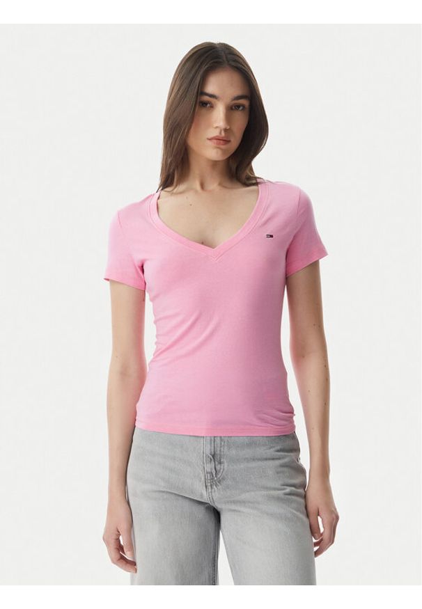 Tommy Jeans T-Shirt DW0DW20458 Różowy jasny Slim Fit. Kolor: różowy. Materiał: bawełna