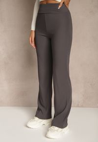Renee - Ciemnoszare Prążkowane Spodnie High Waist z Szerokimi Nogawkami Resoda. Okazja: na co dzień. Stan: podwyższony. Kolor: szary. Materiał: prążkowany. Długość: krótkie. Styl: casual #4