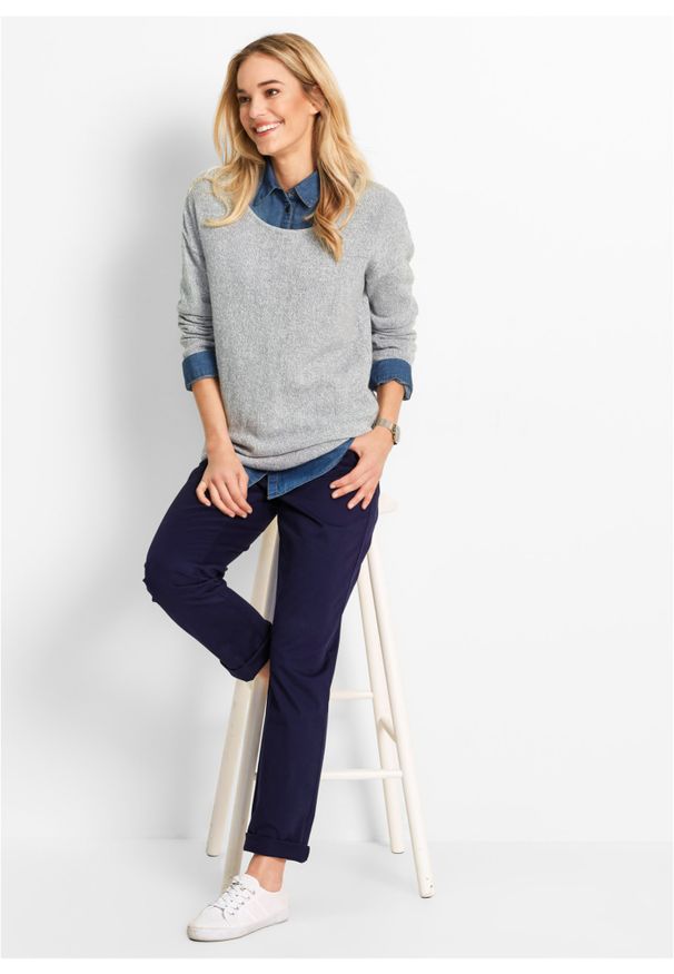 bonprix - Spodnie Straight, mid waist. Kolor: niebieski. Wzór: prążki
