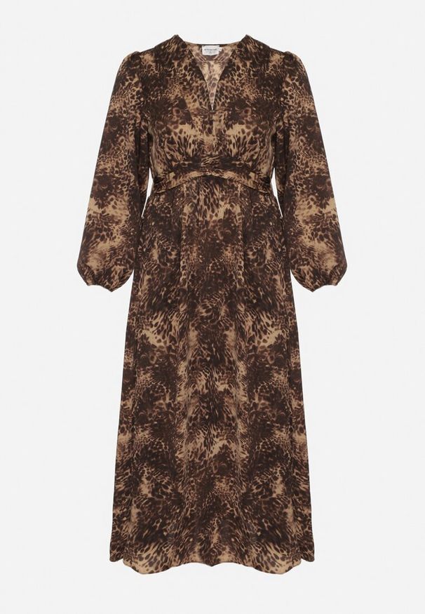 Born2be - Brązowa Rozkloszowana Sukienka w Cętki Reinafa. Okazja: na co dzień. Kolor: brązowy. Styl: casual