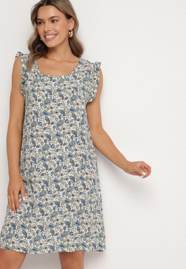 Born2be - Niebieska Rozkloszowana Sukienka Bawełniana bez Rękawów w Wzór Paisley Tullio. Okazja: na co dzień. Kolor: niebieski. Materiał: bawełna. Długość rękawa: bez rękawów. Wzór: paisley. Styl: casual, elegancki