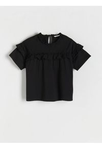 Reserved - T-shirt z falbaną - czarny. Kolor: czarny. Materiał: bawełna