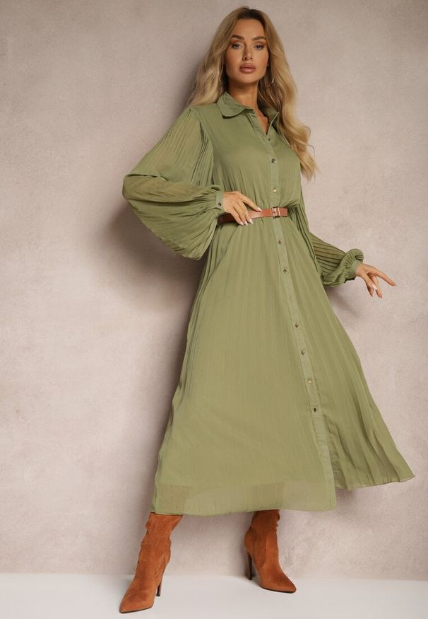 Renee - Zielona Koszulowa Sukienka z Plisami i Dodatkowym Paskiem Miarosea. Okazja: na spacer, na spotkanie biznesowe. Kolor: zielony. Typ sukienki: koszulowe. Styl: elegancki, biznesowy