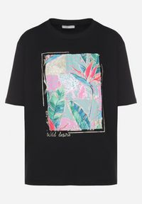 Born2be - Czarny Bawełniany T-shirt z Ozdobnym Nadrukiem Delmari. Okazja: na co dzień, na spacer. Kolor: czarny. Materiał: bawełna. Wzór: nadruk. Styl: klasyczny, casual #7