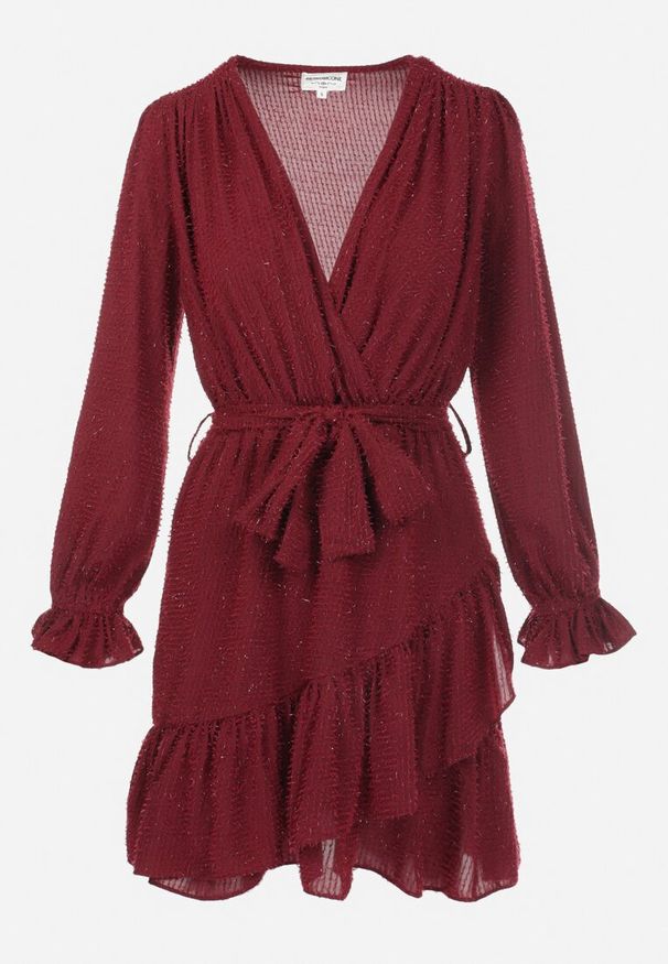 Born2be - Bordowa Sukienka Pronynome. Kolor: czerwony. Materiał: tkanina, guma. Wzór: aplikacja. Typ sukienki: kopertowe. Długość: mini