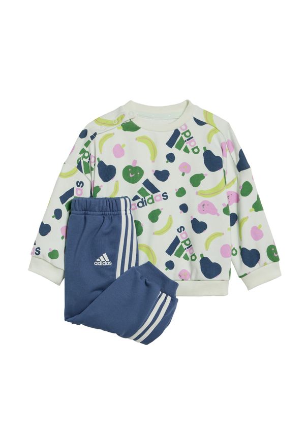 Adidas - Zestaw dresowy Essentials Allover Print Kids. Kolor: niebieski. Materiał: dresówka. Wzór: nadruk