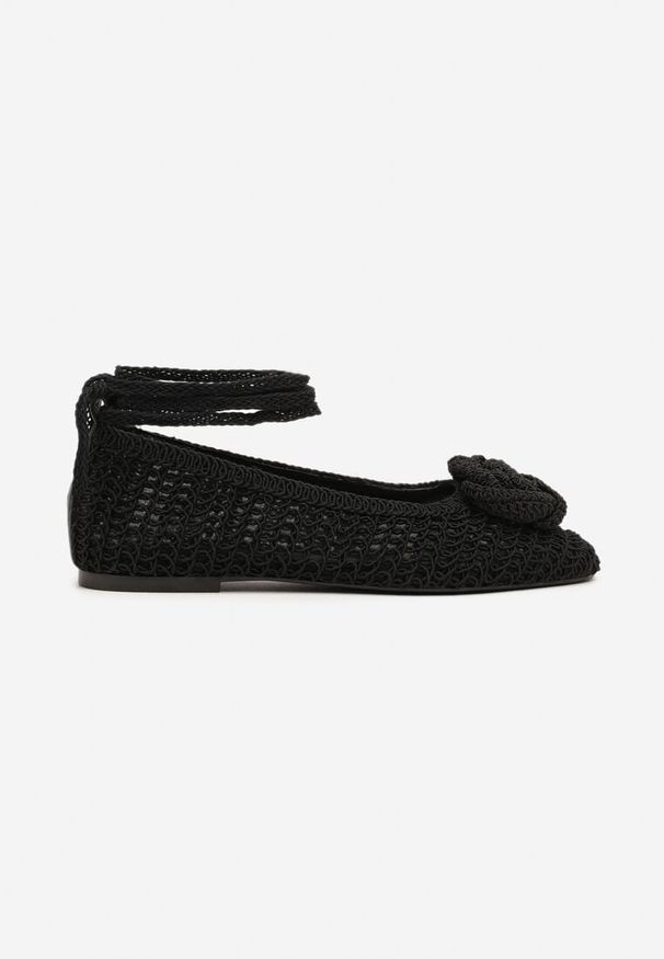 Born2be - Czarne Plecione Balerinki Vices z Aplikacją i Wiązaniem Erlemia. Okazja: na co dzień. Kolor: czarny. Wzór: aplikacja. Styl: elegancki, casual, klasyczny