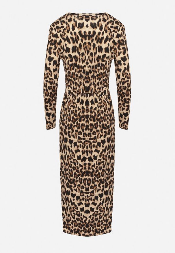 Born2be - Ciemnobeżowa Sukienka w Panterkę z Ozdobnym Węzłem i Rozcięciem Salanthia. Okazja: na co dzień. Kolor: beżowy. Długość rękawa: długi rękaw. Wzór: motyw zwierzęcy. Styl: wizytowy, casual, elegancki