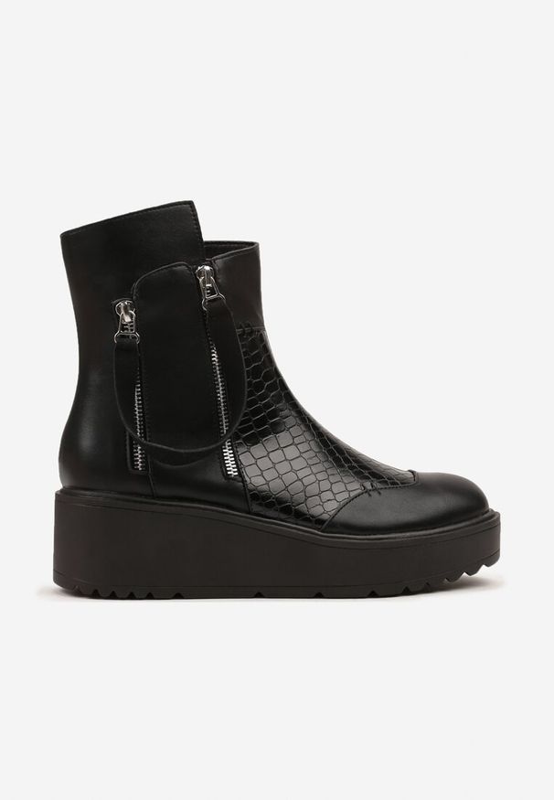 Born2be - Czarne Botki Vices na Platformie i Koturnie Gamillia. Okazja: na co dzień. Kolor: czarny. Materiał: jeans. Obcas: na koturnie. Styl: casual, elegancki, klasyczny. Wysokość obcasa: średni