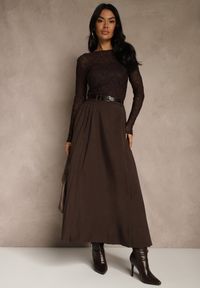 Renee - Brązowa Rozkloszowana Spódnica z Wiskozy z Dodatkowym Paskiem z Klamrą Lowedina. Kolor: brązowy. Materiał: wiskoza #3