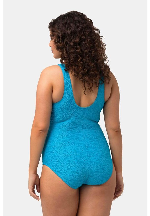 ULLA POPKEN - Damski Kostium kąpielowy struktura fal miękkie miseczki dekolt z marszczeniem. Kolekcja: plus size. Kolor: niebieski. Materiał: elastan, poliamid, materiał