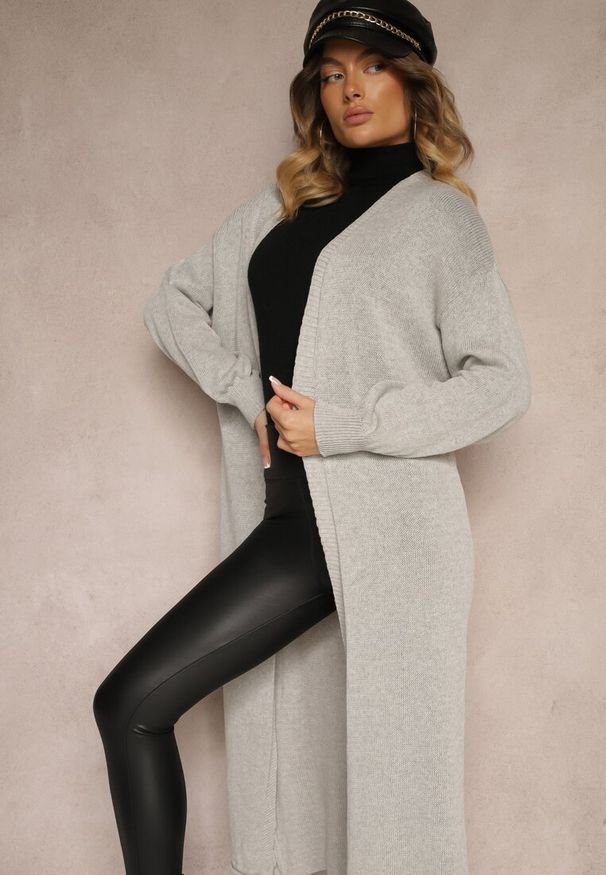 Renee - Szary Jednolity Kardigan o Przedłużonym Kroju ze Ściągaczami Terrin. Kolor: szary. Materiał: jeans. Wzór: jednolity. Styl: elegancki